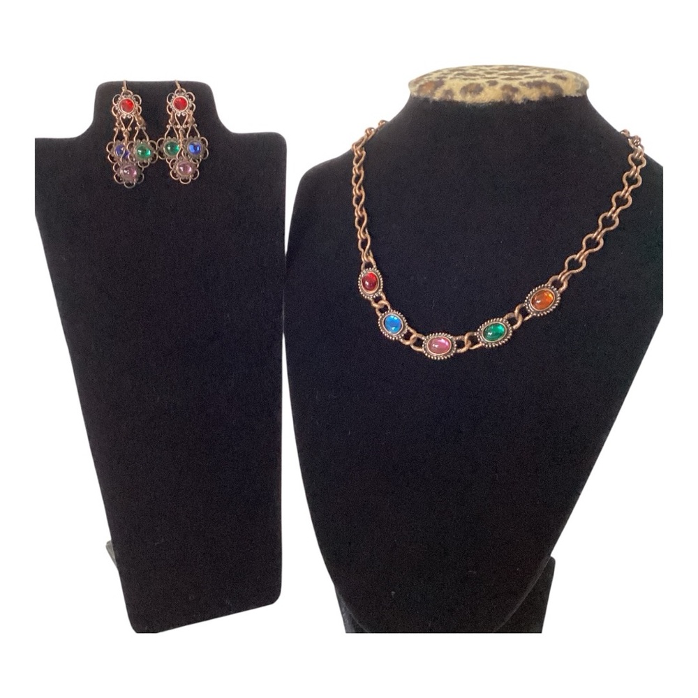 1928 Copper Tone Open Weave Chandelier Earrings Multicolor Rhinestones Vintage - Picture 4 of 8